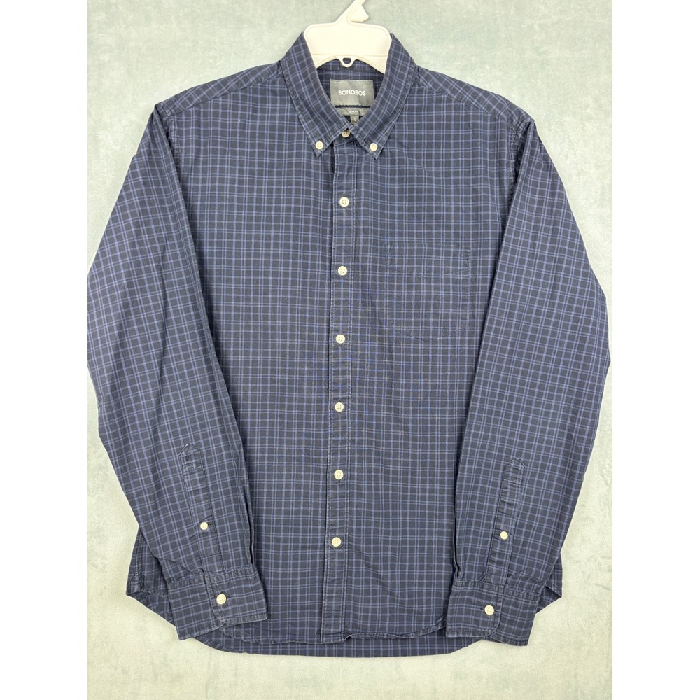 Bonobos Slim Fit Navy Blue Plaid Cotton Button Down Shirt Mens Large 22568-BNB43